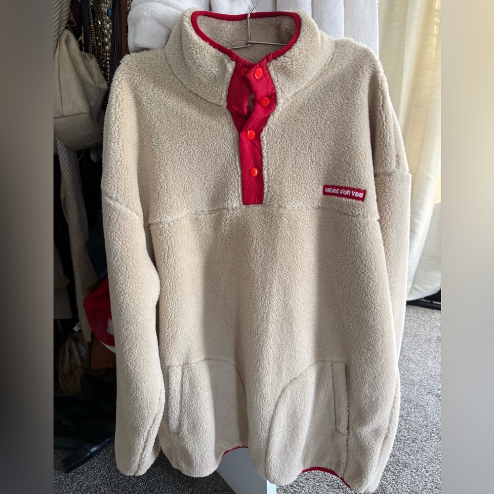 HERE FOR YOU Cream Fleece Pullover with Red Accents